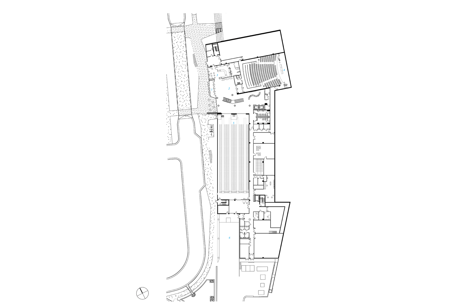 Første etasje plan av et bygg med kulturhus og bibliotek. Arkitekt tegning.