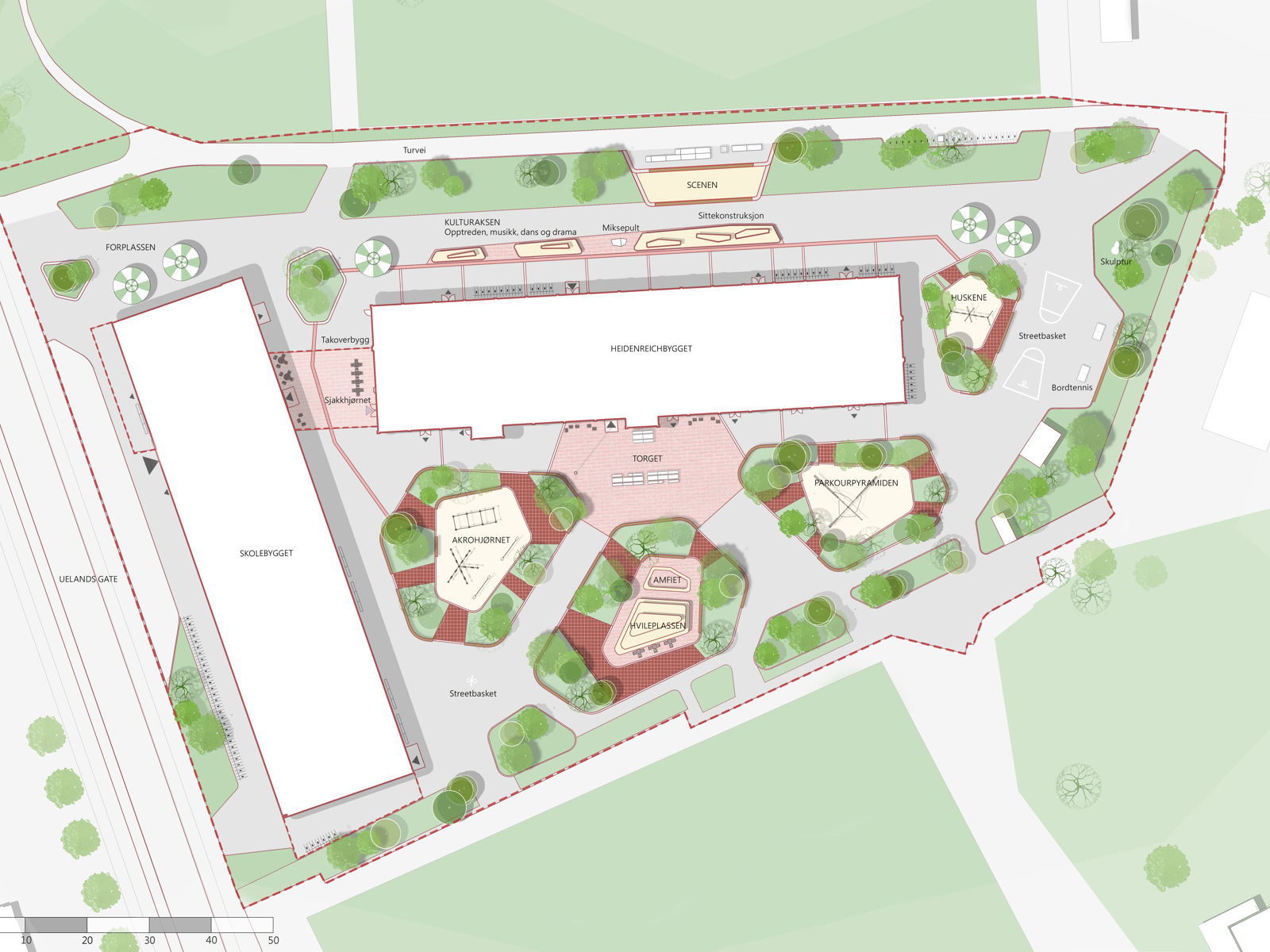 Landskapsplan over skolegård. Arkitekt tegning.