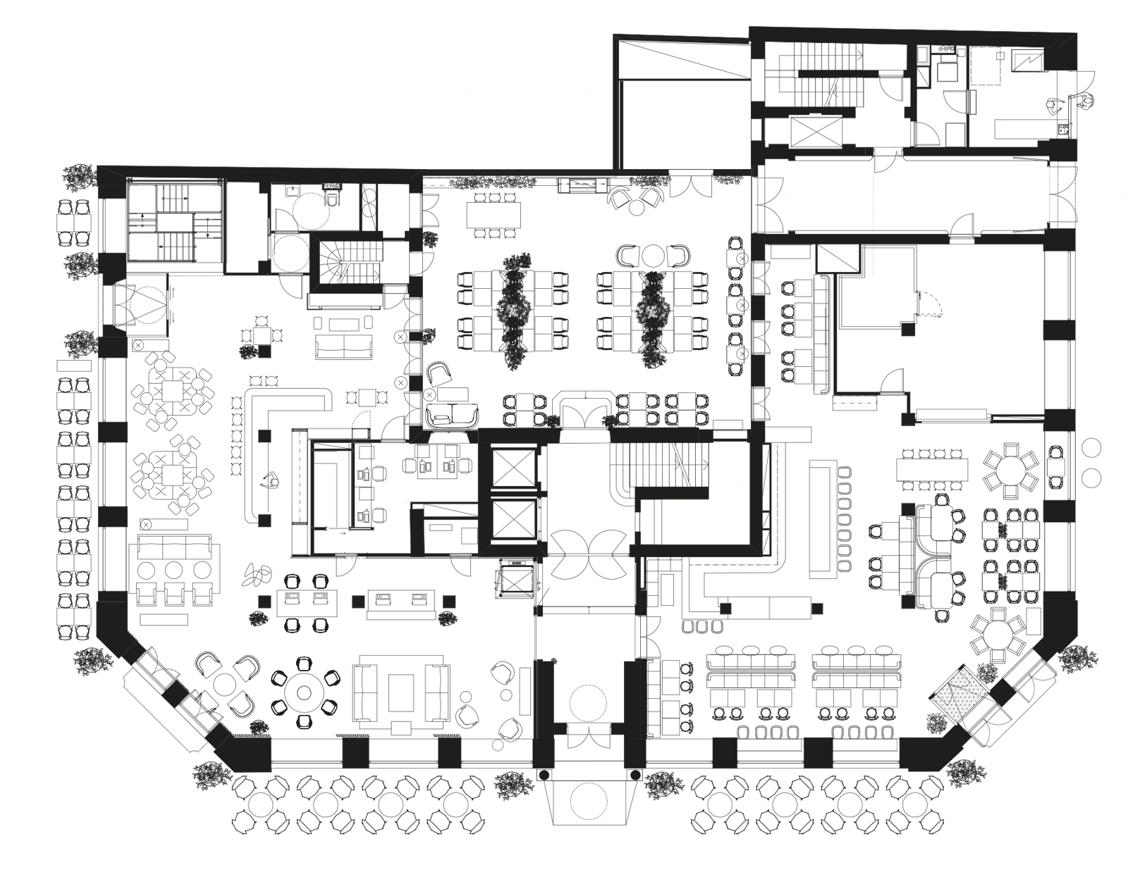 Første etasje plan hotell, ulike sitte soner, restaurant osv. Arkitekt tegning.