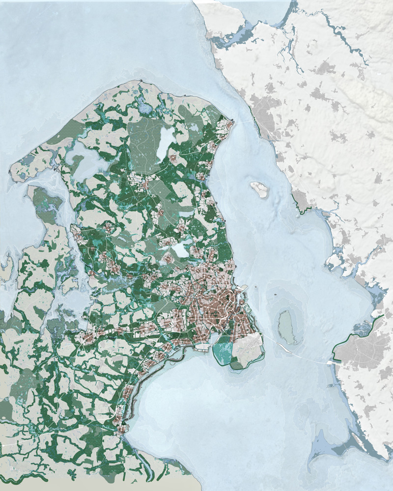 Plan over København som viser vinnerprosjekt for utvikling av byen, arkitekt tegning.