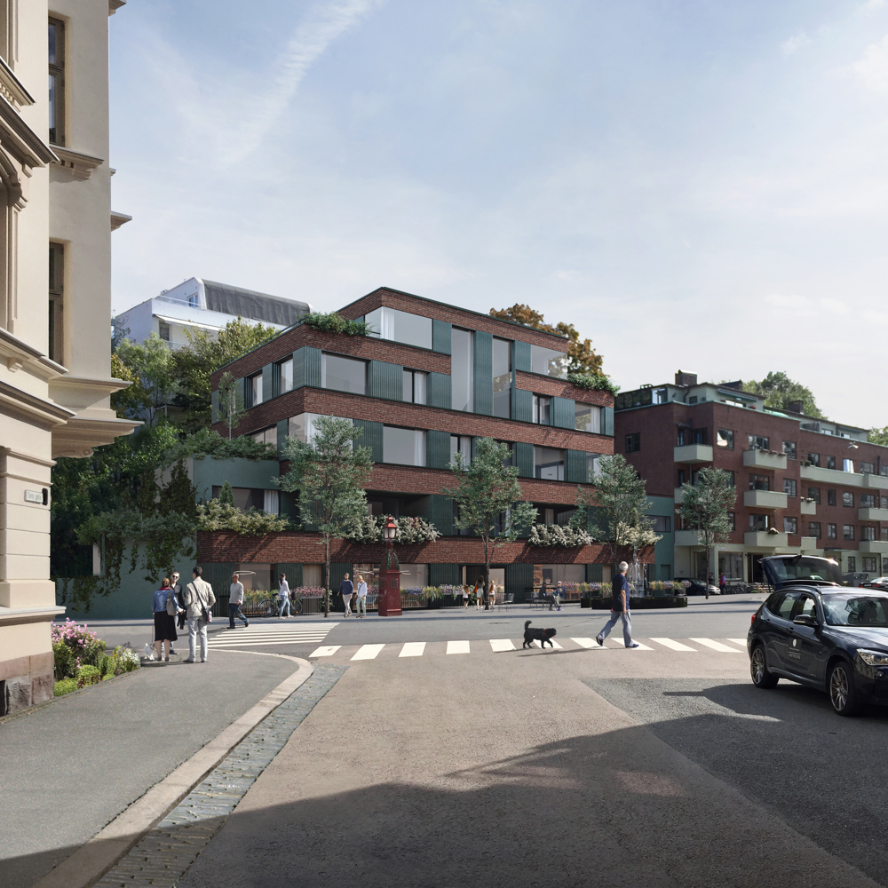 Illustrasjon av leilighetsbygget Balders plass på Frogner, tegnet av Einar Jarmund & Co.