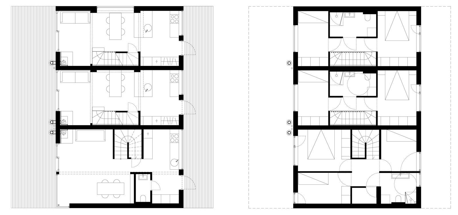 Plantegning av første og andre etasje på tremannsbolig. Arkitekt tegning.