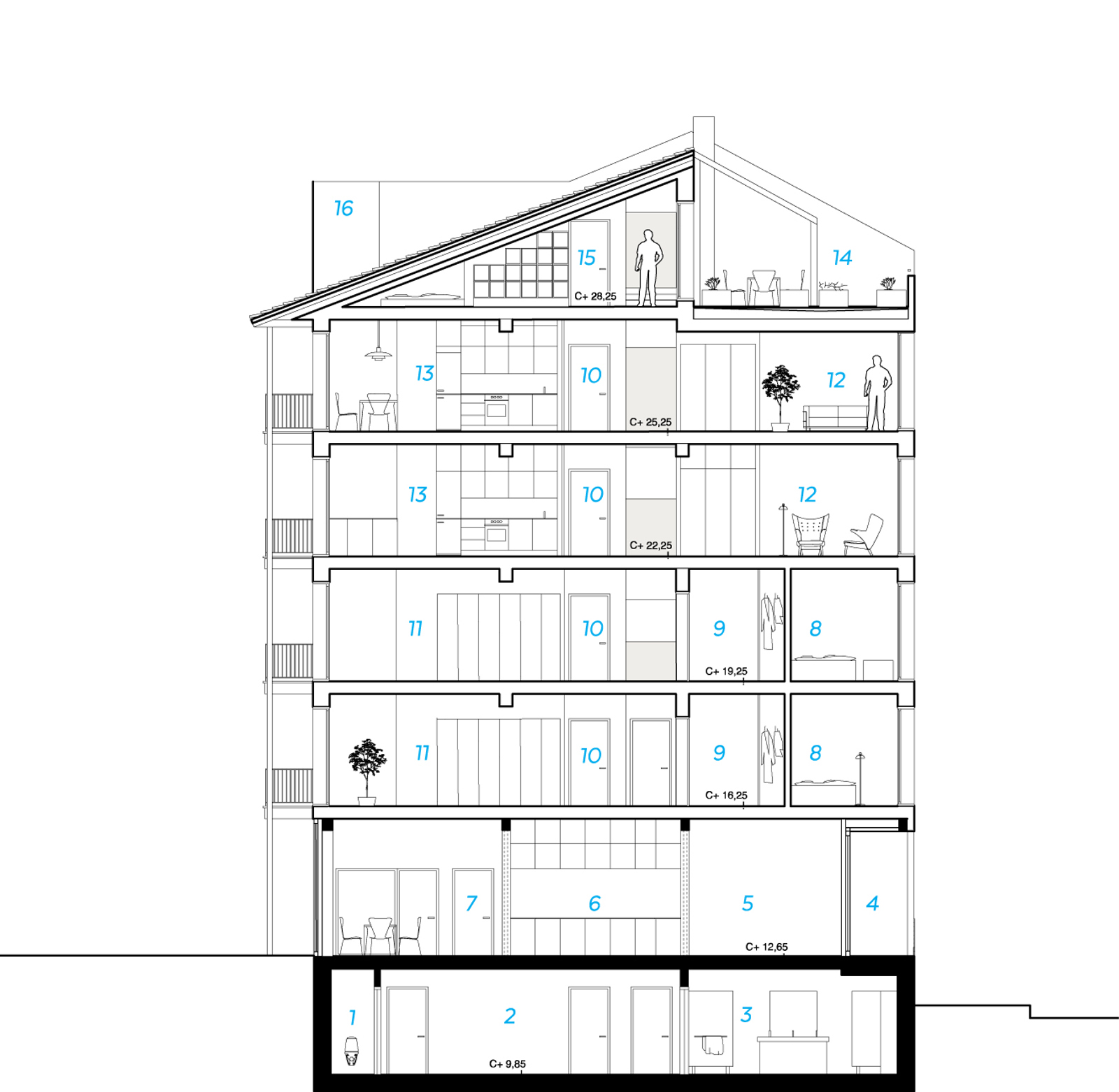 Snitt av bygård. Arkitekt tegning.