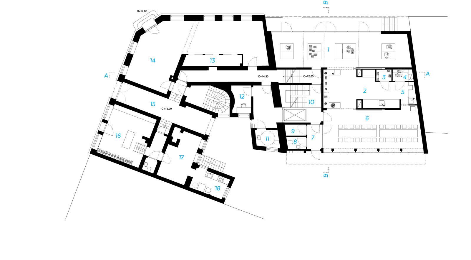 Plantegning av første etasje på hjørneblokk. Arkitekt tegning.