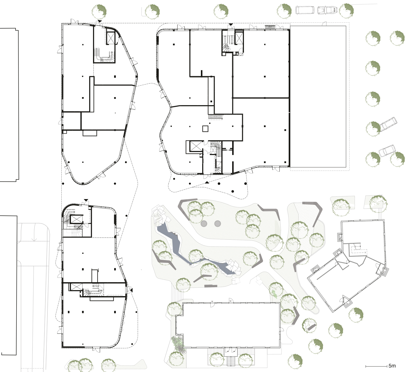 Plantegning av første etasje på Wesselkvartalet med omliggende utenomhusplan. Arkitekt tegning.