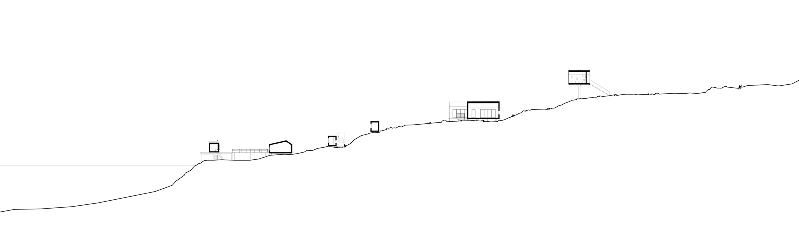 Snitt, hytter i terreng, hav. Arkitekt tegning.