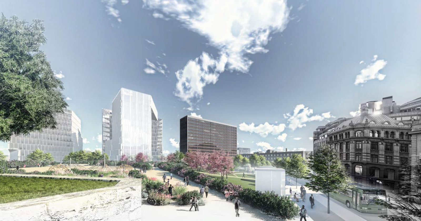 Tredimensjonell perspektiv av by og park. Arkitekt illustrasjon.