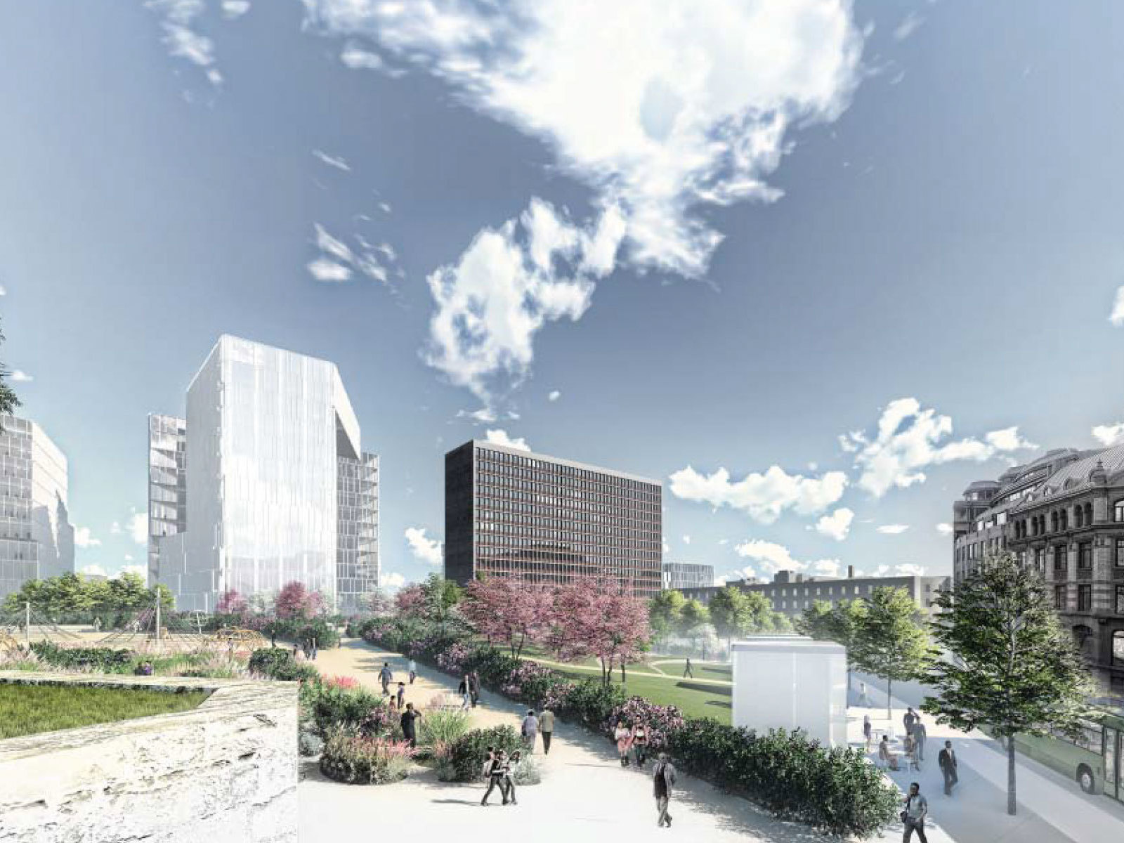 Tredimensjonell perspektiv av by og park. Arkitekt illustrasjon.