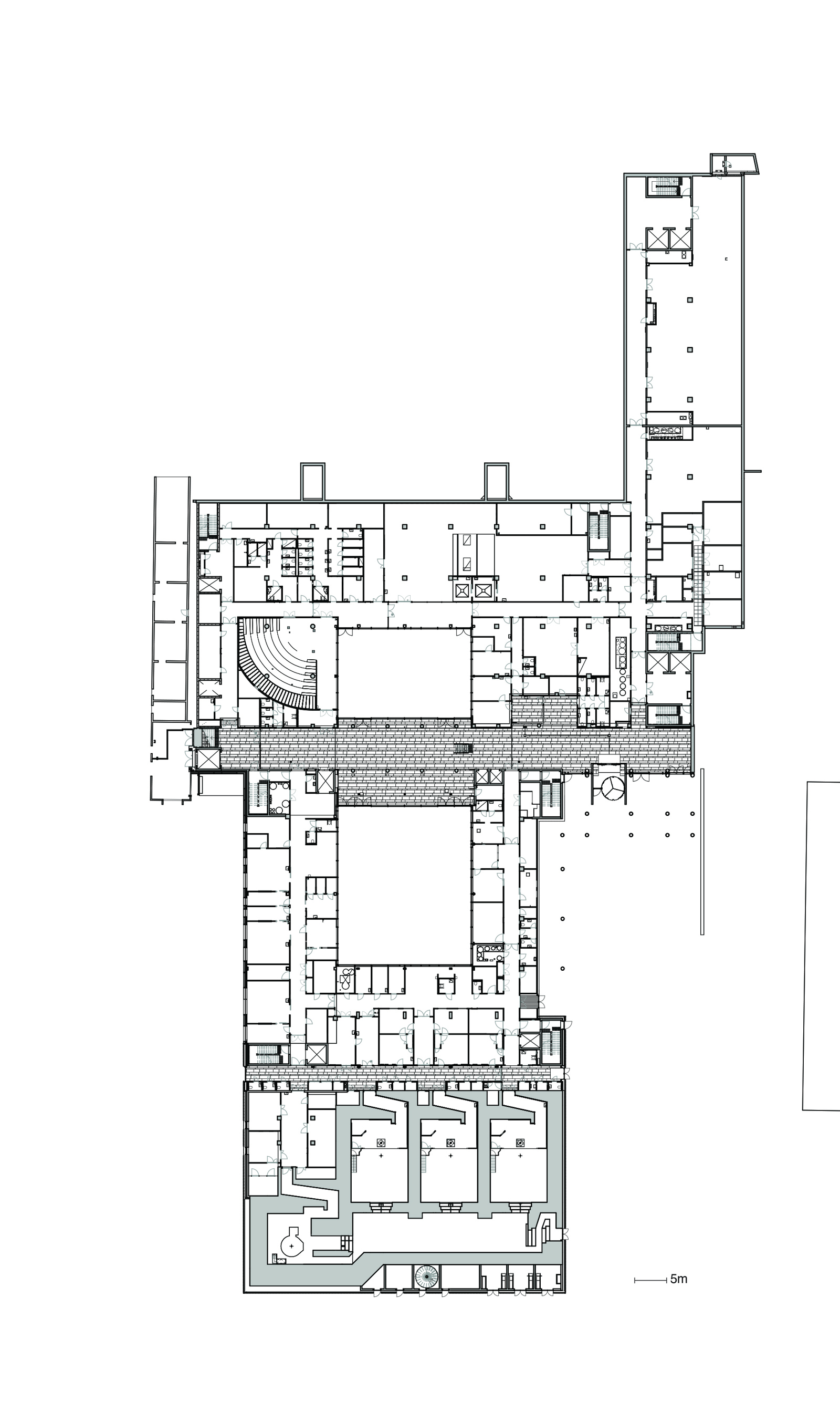 Plantegning av underetasjen på Klinikk- og protonbygget Radiumhospitalet. Arkitekt tegning.