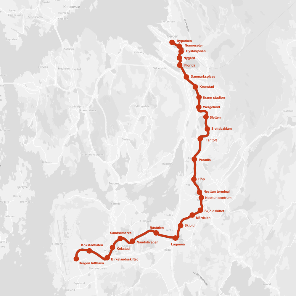 Kart som viser Bybanens stopp. Diagram.