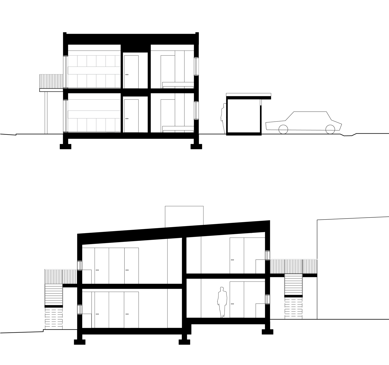 Snitt gjennom boliger. Arkitekt tegning.