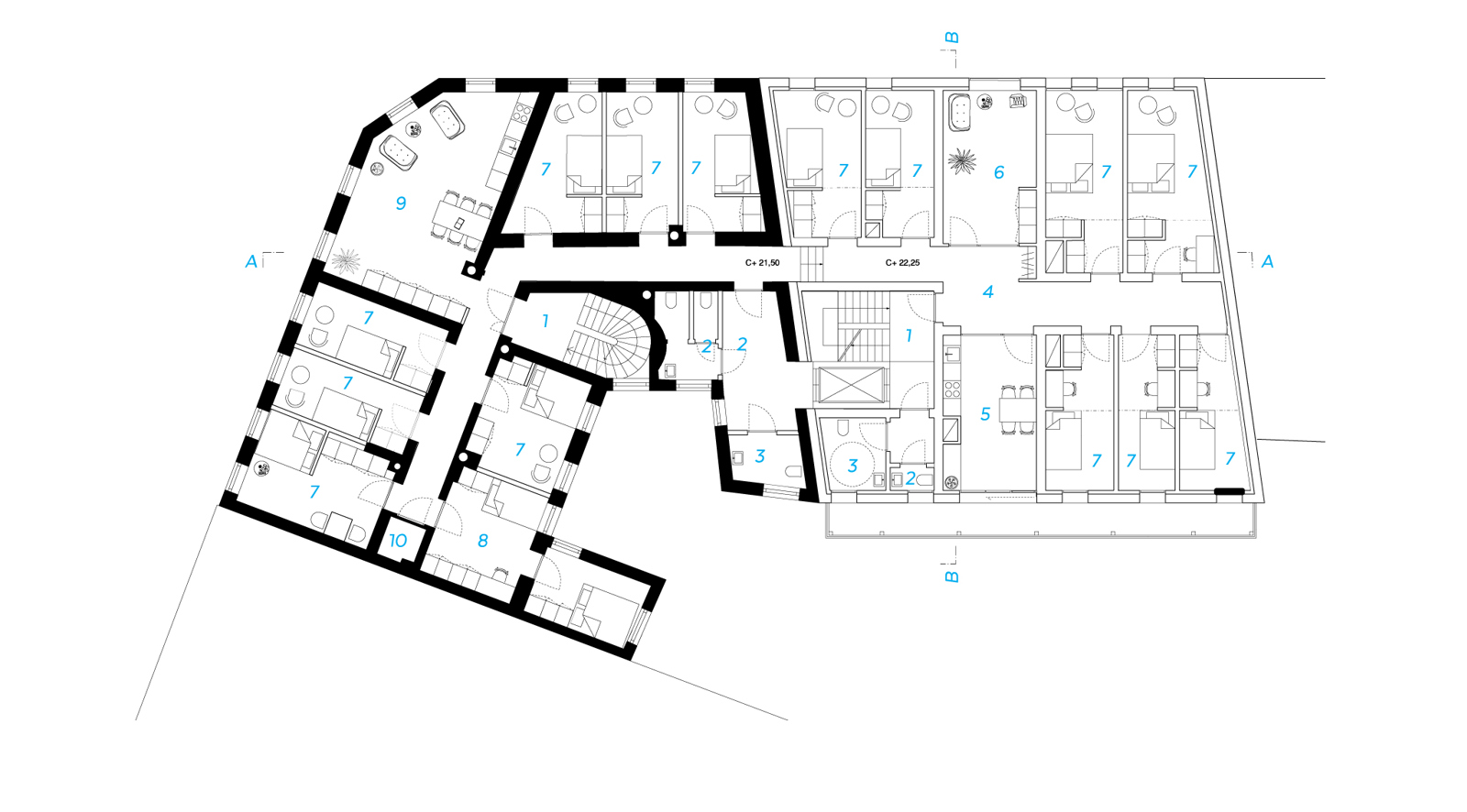 Plantegning av fjerde og femte etasje på hjørne blokk. Arkitekt tegning.