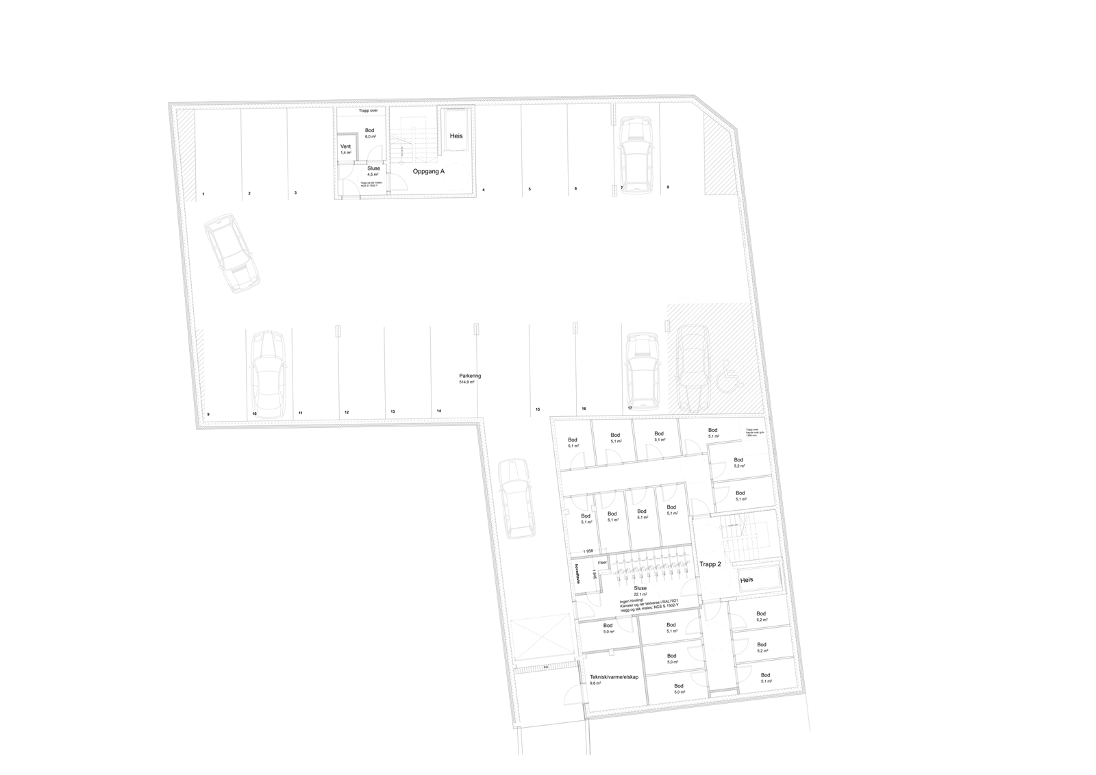 Under etasje plan med boder og parkering på bolig blokk. Arkitekt tegning.