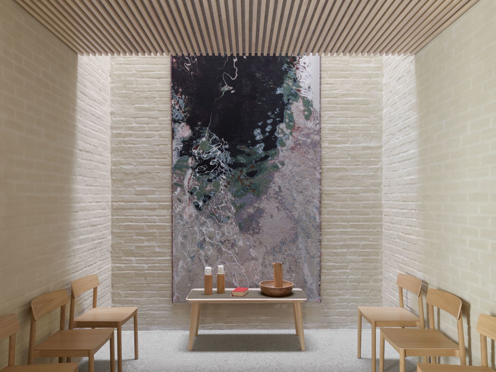 Interiør foto av et sakristi i lys teglstein.