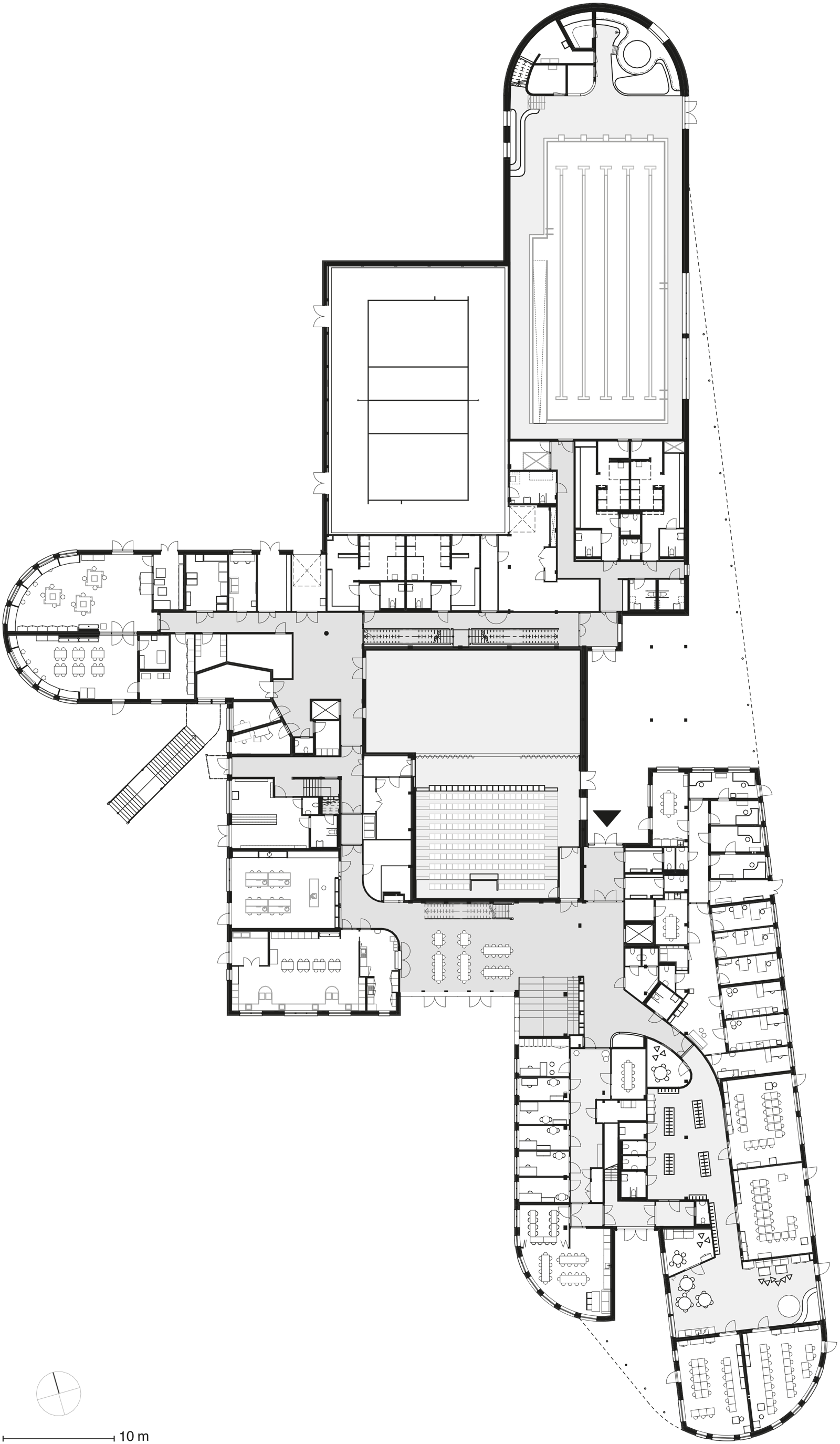 Arkitekt tegning av første etasje plan på skole. 
