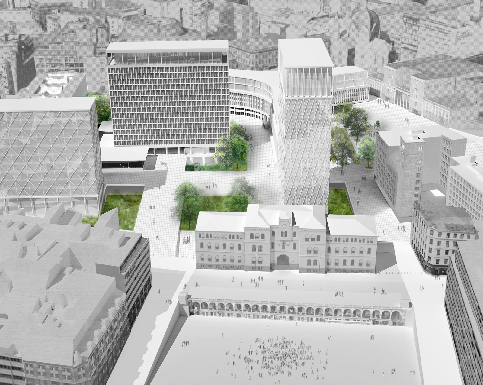 Tredimensjonelt overblikk perspektiv av by, park, trær, mennesker som er ute og går. Arkitekt illustrasjon.