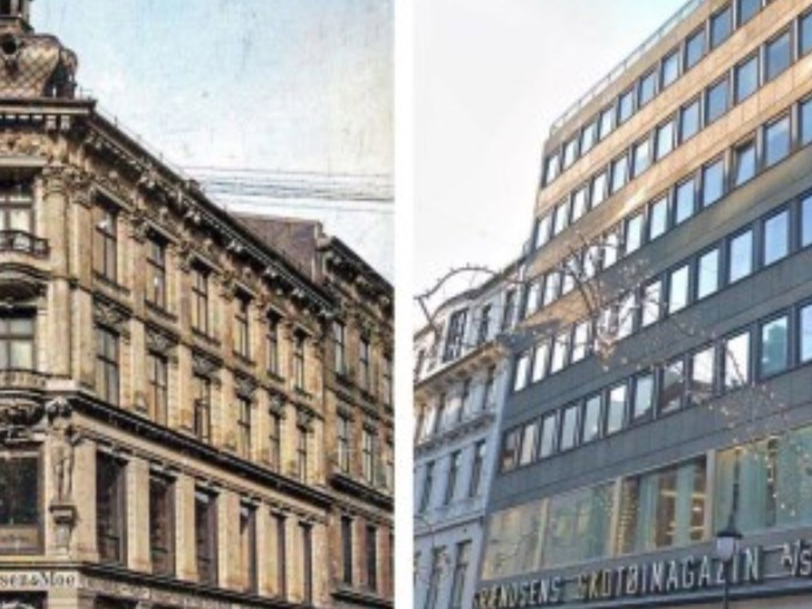 Sammenligning av tradisjonelt bygg og nyere modernistisk bygg. Foto.