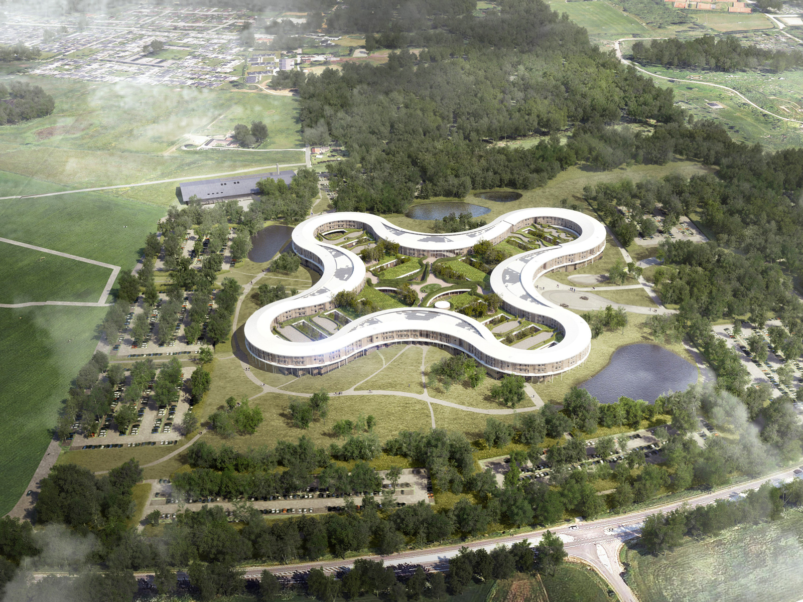 Oversiktsfoto av nytt hospital for Nordsjælland i kontekst. Arkitekt rendering.