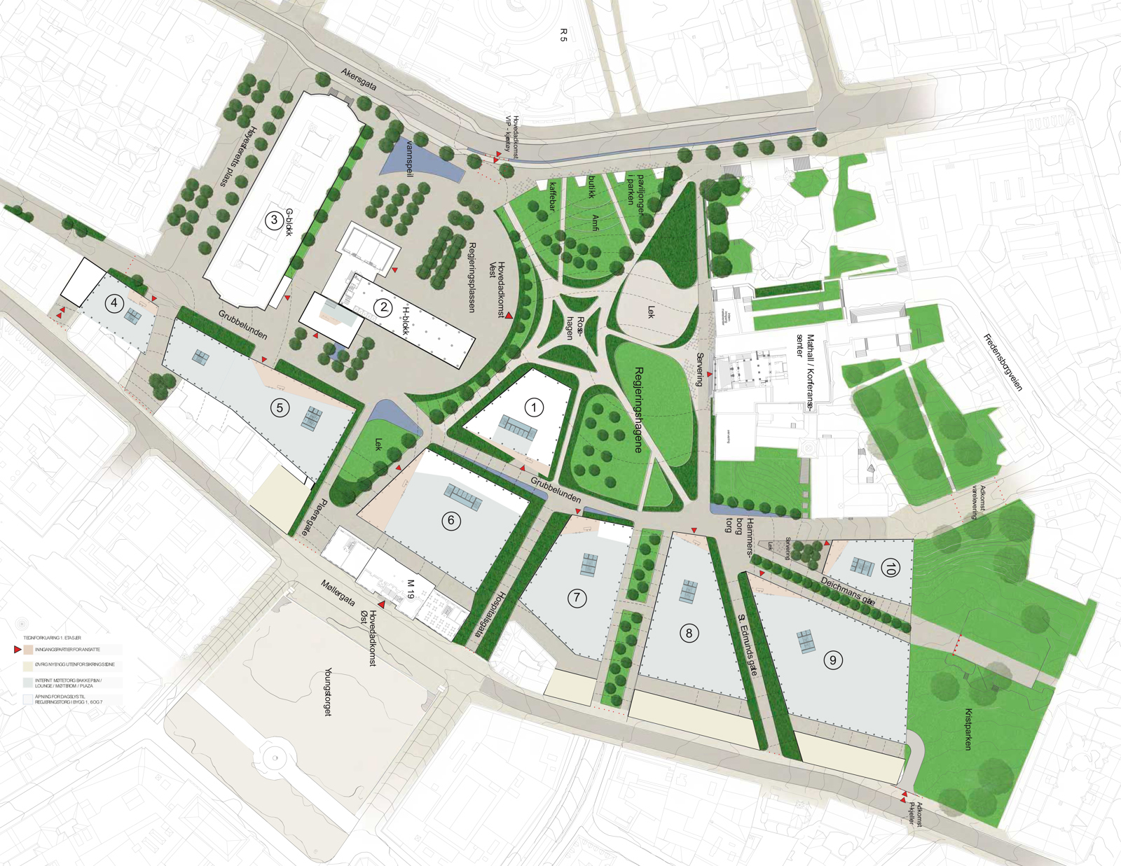 Situasjonsplan som viser by og park. Arkitekt tegning.