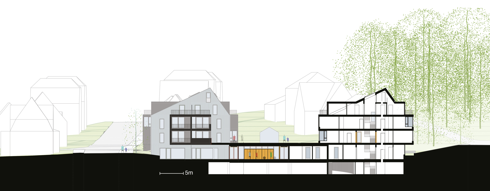 Snitt gjennom Vålandstunet med takhage i midten. Arkitekt tegning.