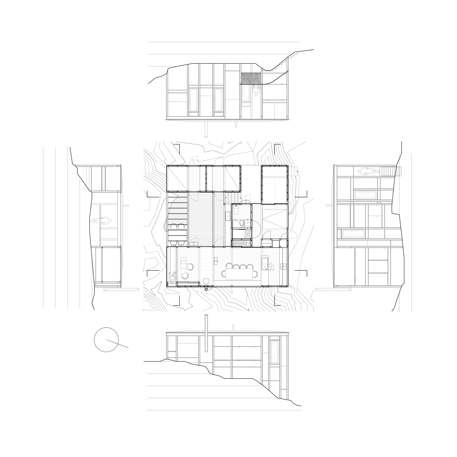 Plan over hytte og alle fasader brettet ut. Arkitekt tegning.