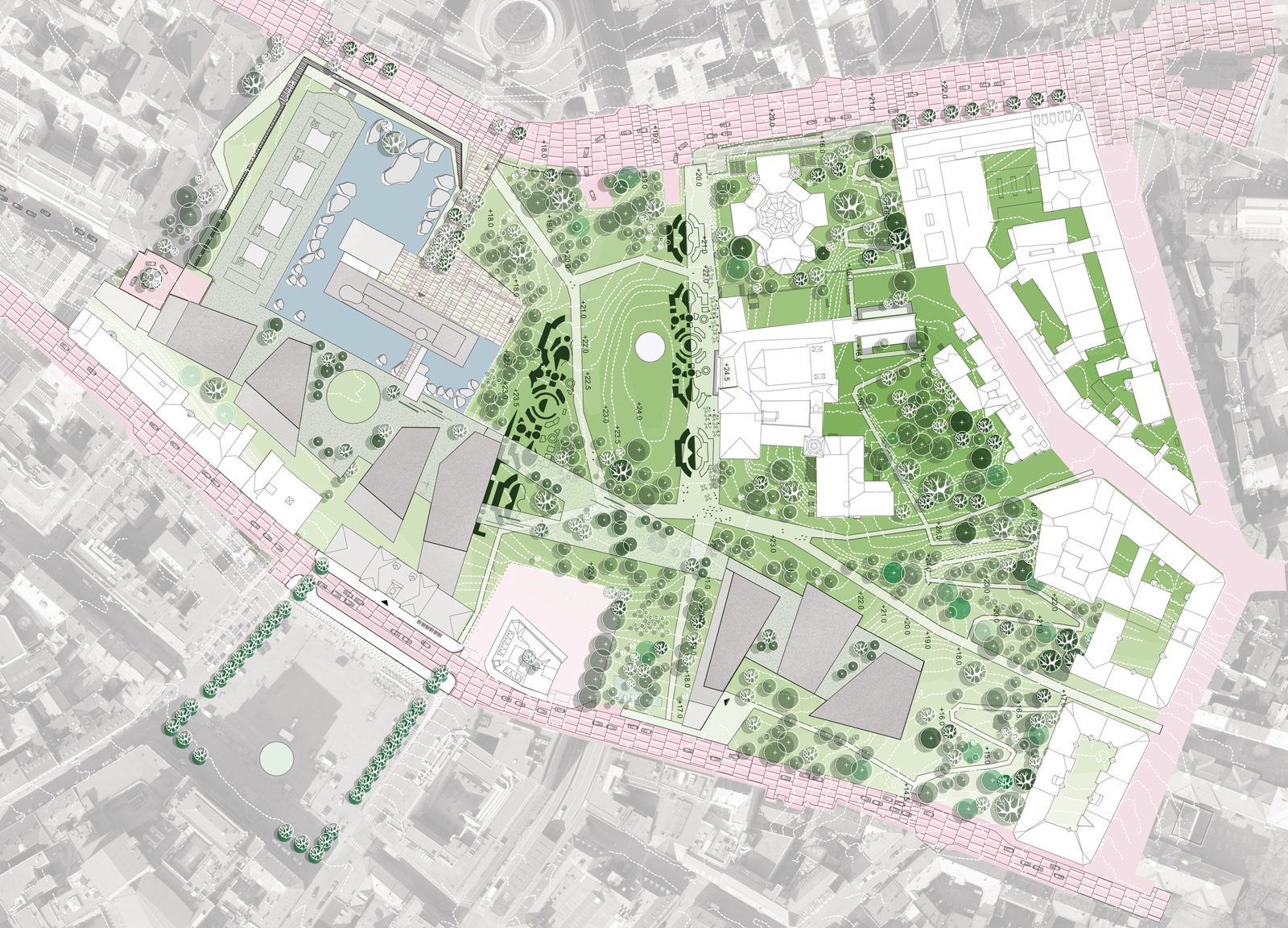 Situasjonsplan som viser by og park. Arkitekt tegning.