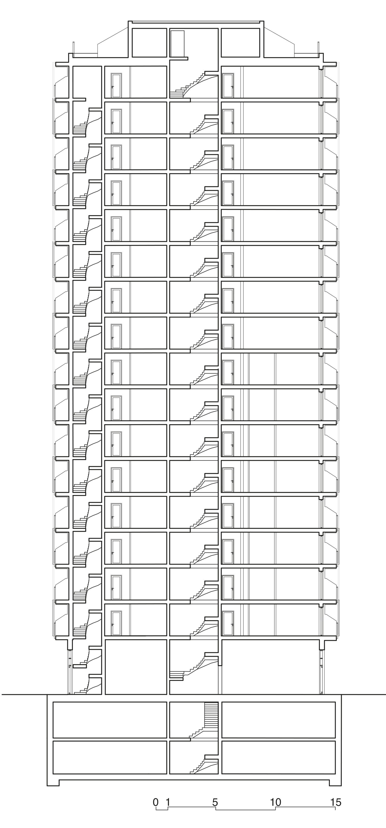 Snitt av høyblokk, arkitekt tegning.