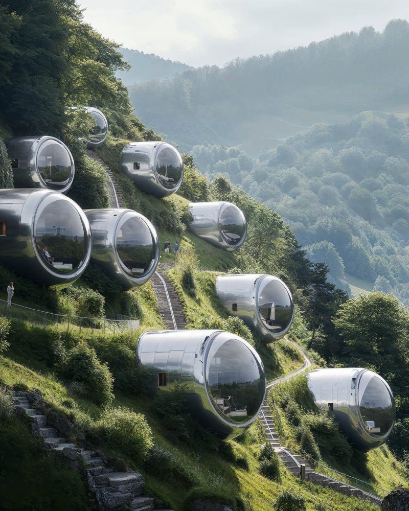 Visualisering av sølvfargede pods i en åsside. Generert av kunstig intelligens.