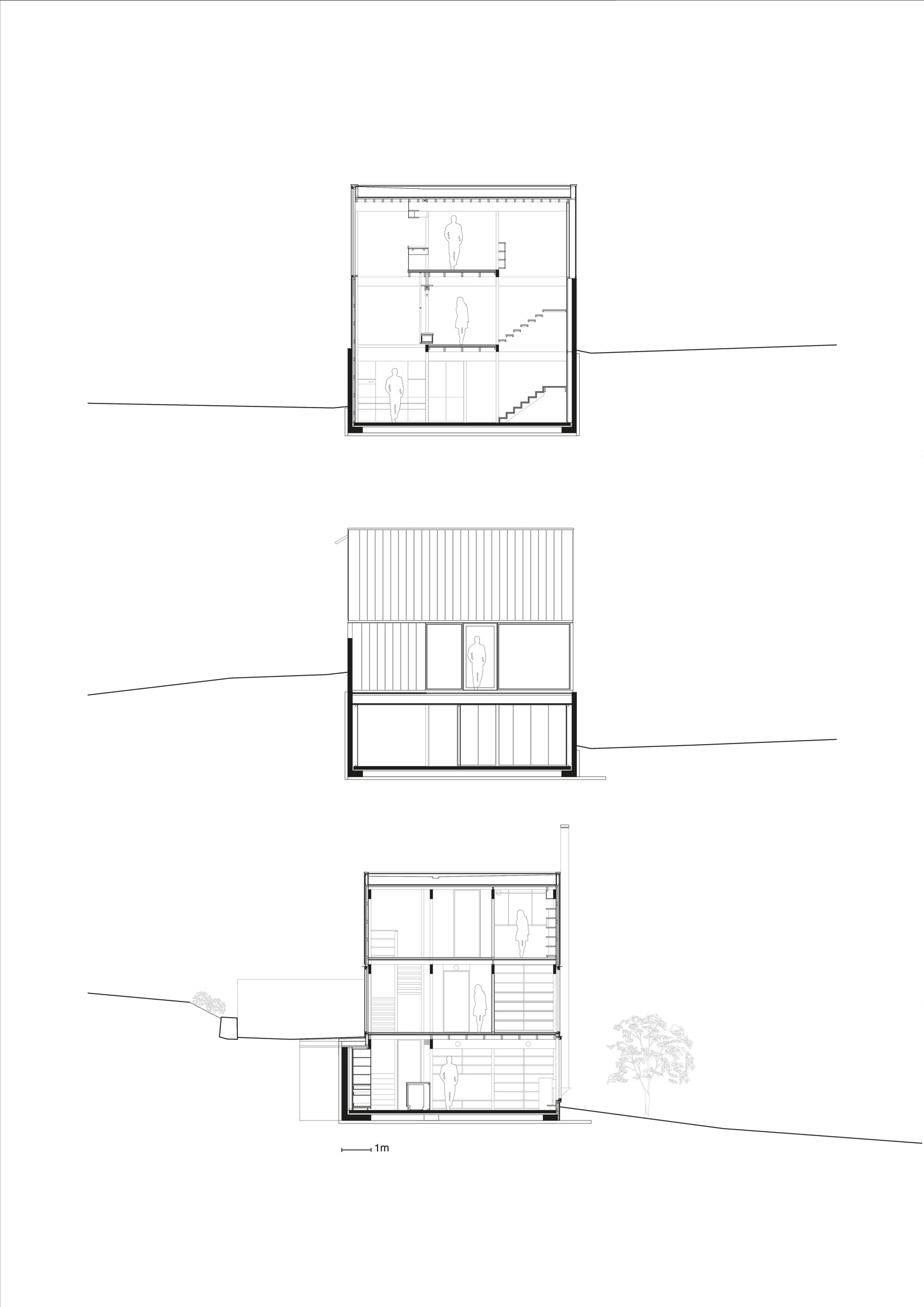 Tre snitt gjennom enebolig. Arkitekt tegning.