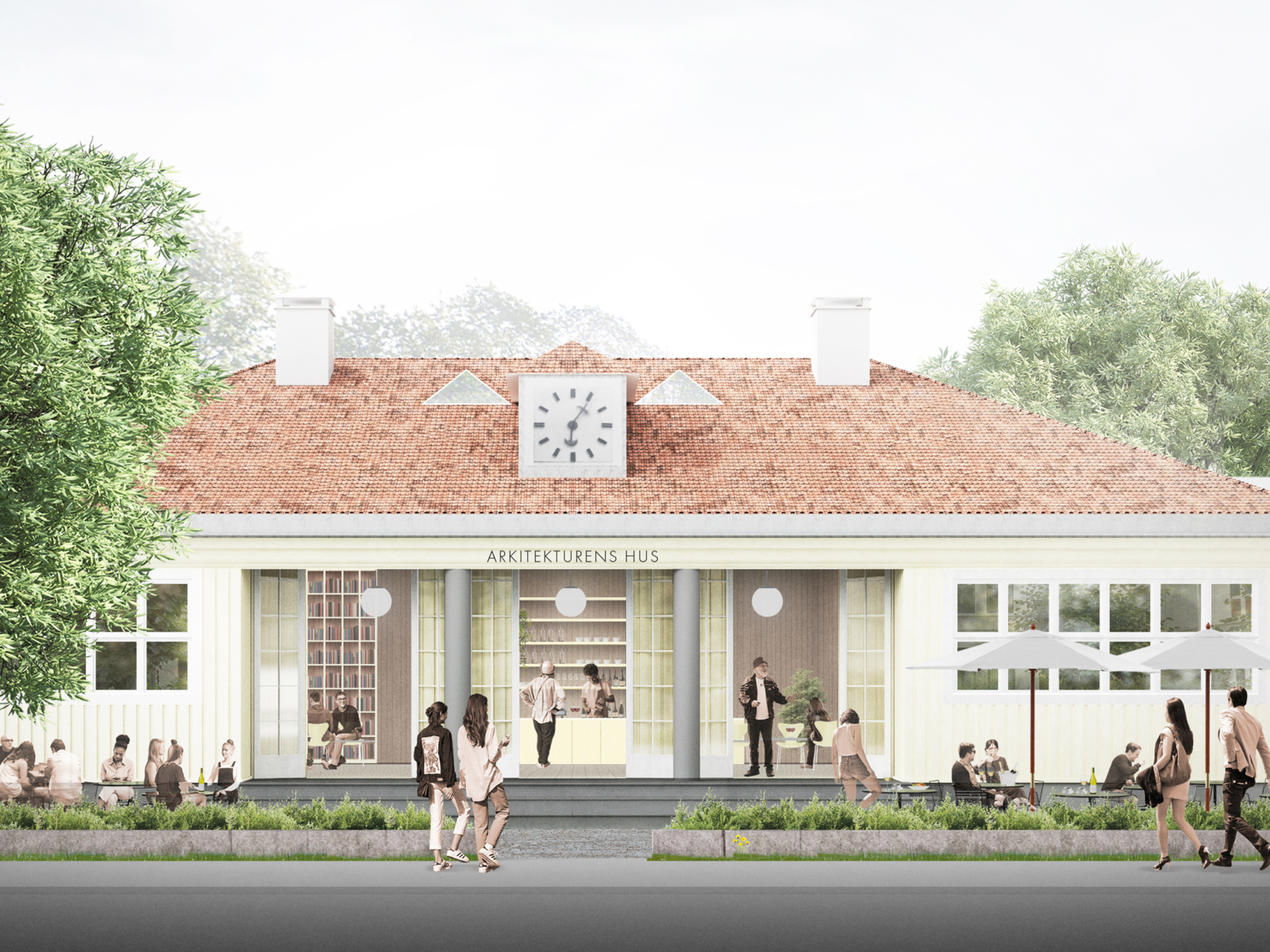 Arkitektenes hus med mennesker i gaten utenfor som mingler og lignende. Illustrasjon.