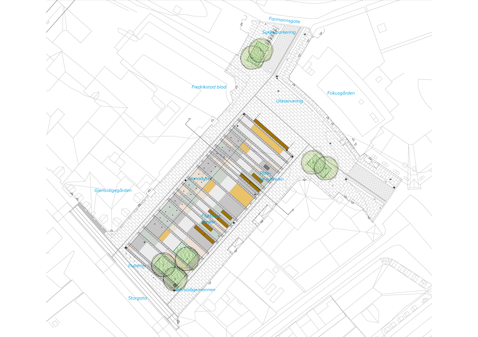 Plantegning som viser bygulvet på Stortorvet i Fredrikstad. Arkitekt tegning.