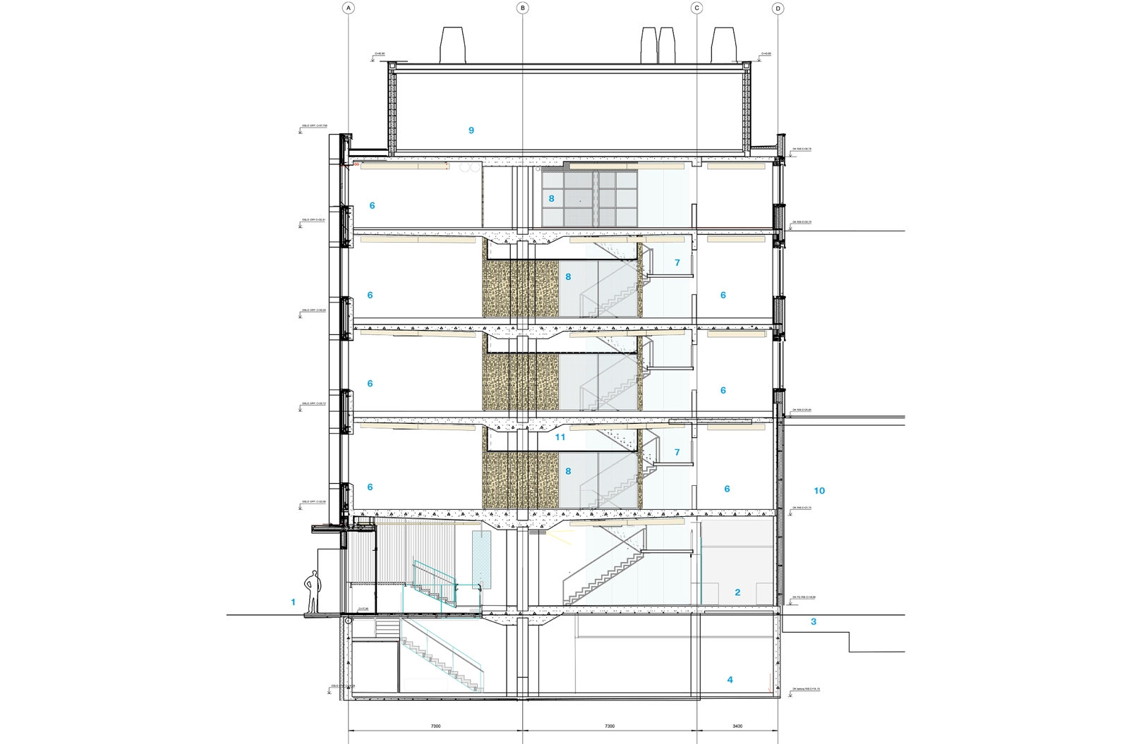 Snittgning av bygg med kontorer og matfagelig senter. Arkitekt tegning.