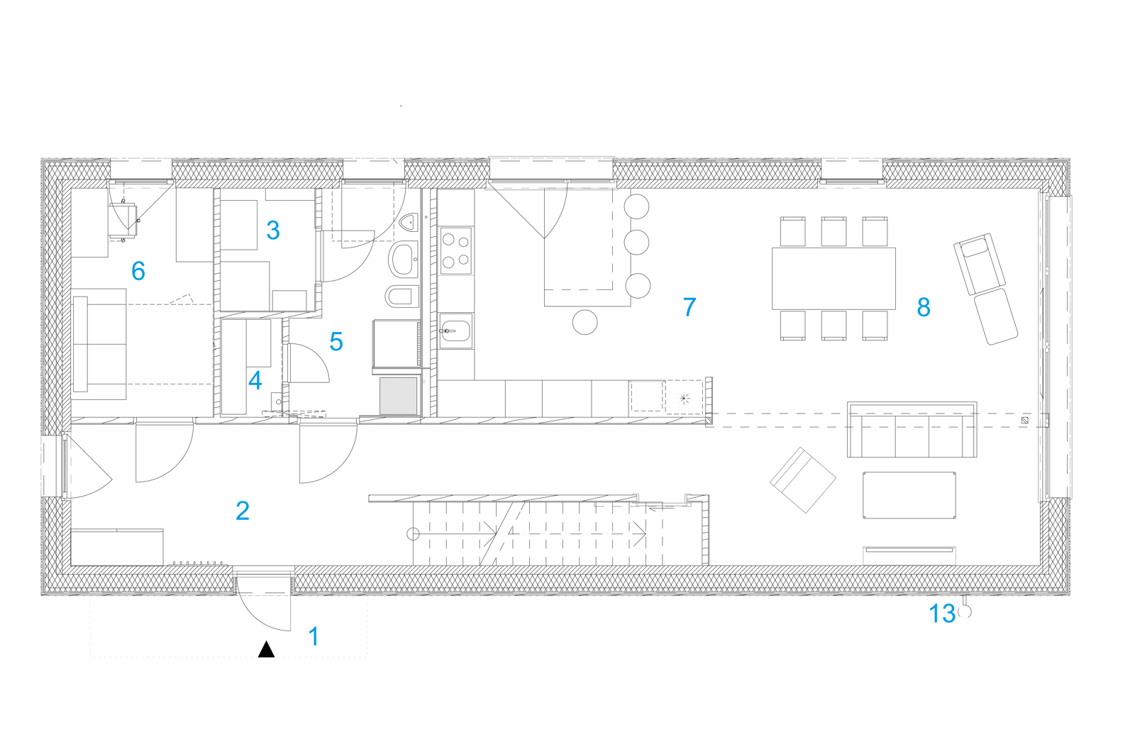 Plan av første etasje på enebolig. Arkitekt tegning.
