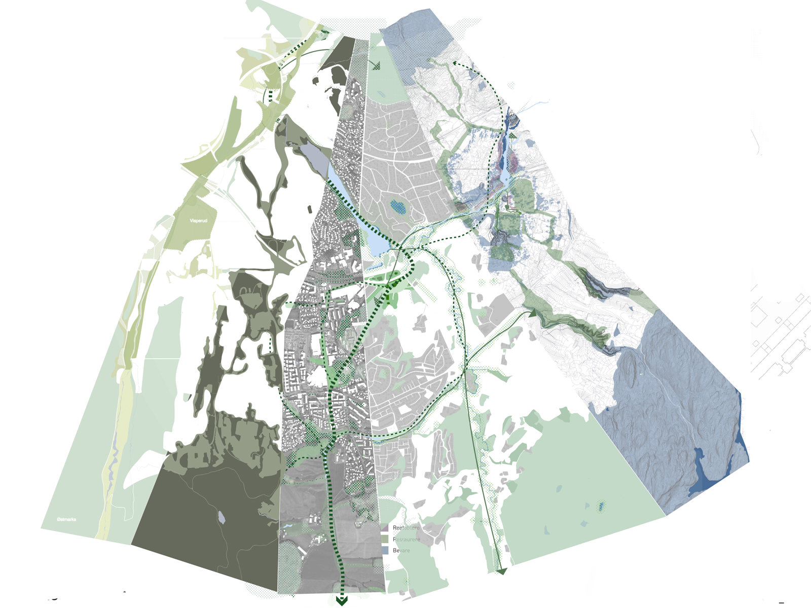 Kart over Lørenskog med strategier. Arkitektur diagram.
