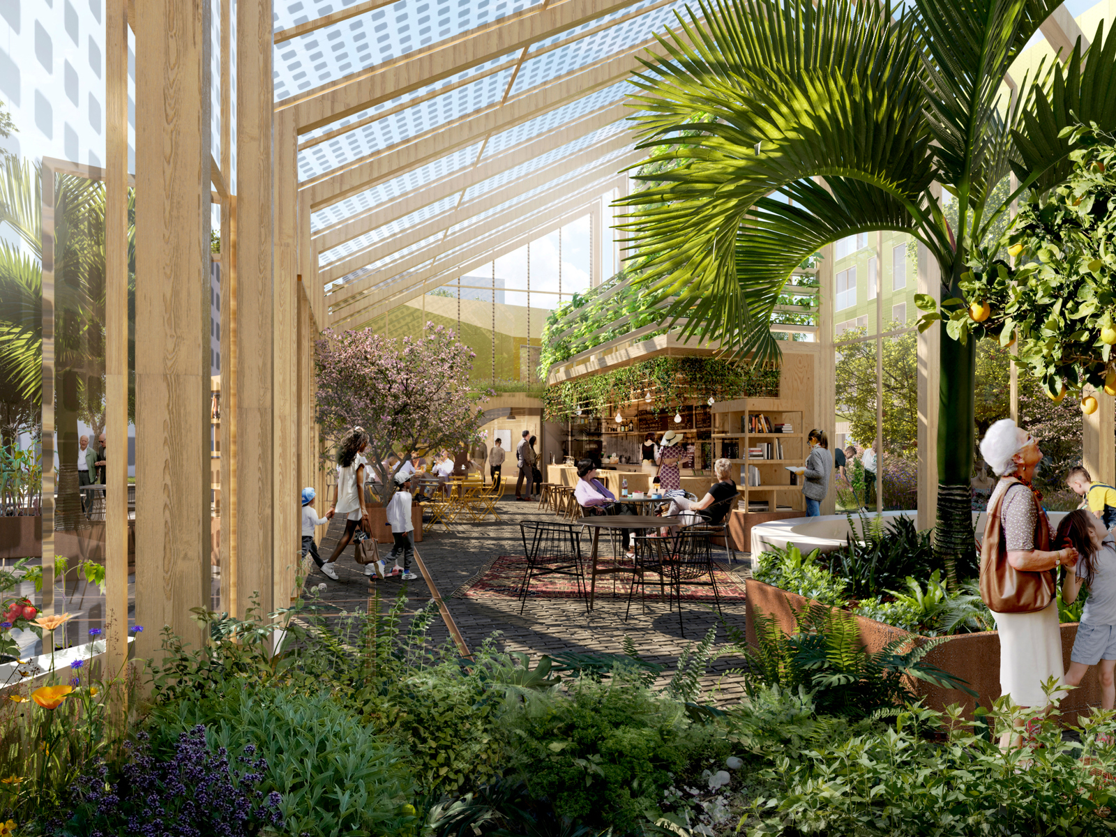 Rendering av overdekt inne/uteplass med masse grønne planter. Illustrasjon.