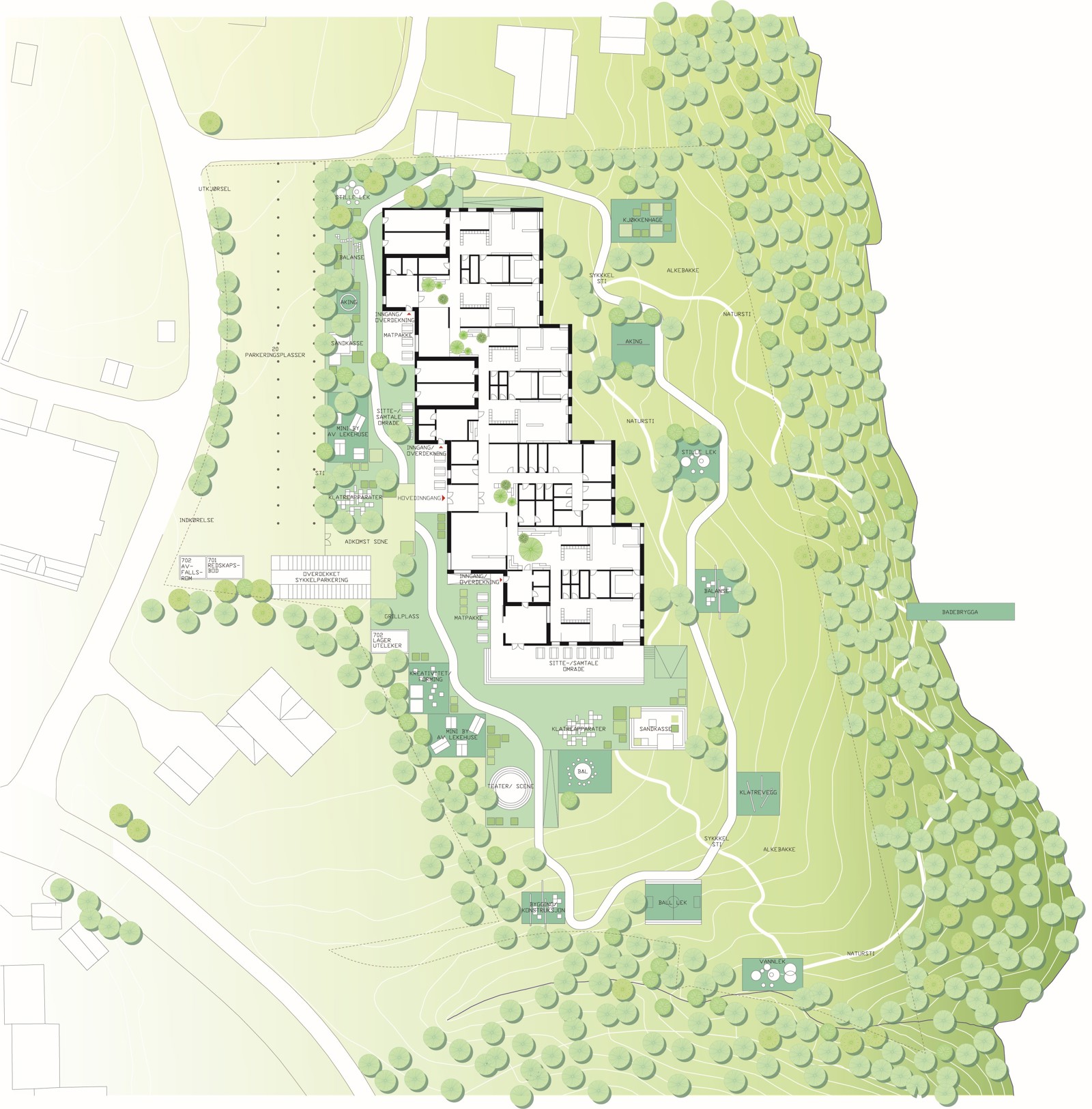 Situasjonsplan, barnehage med grønn kontekst. Arkitekt tegning.
