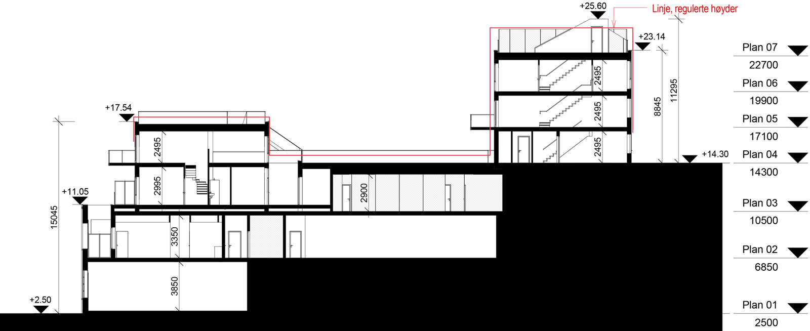 Snitt gjennom bygg og trapperom. Arkitekt tegning.
