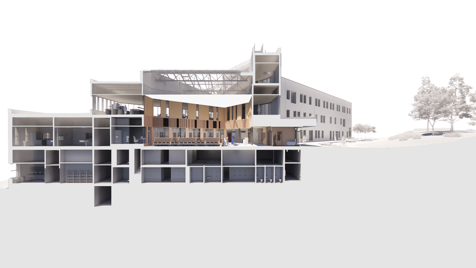 Snitt gjennom Oslo Storbylegevakt med perspektiv. Arkitekt tegning.