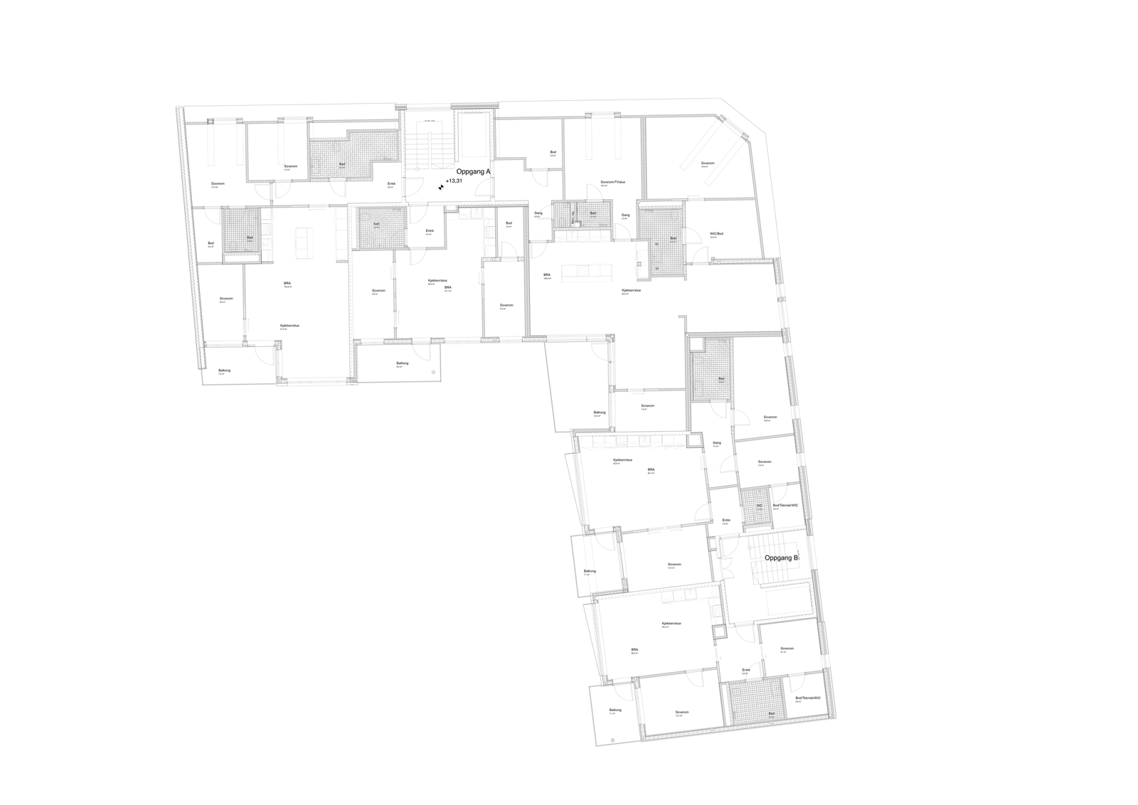 Tredje etasje plan av L formet bolig blokk. Arkitekt tegning.