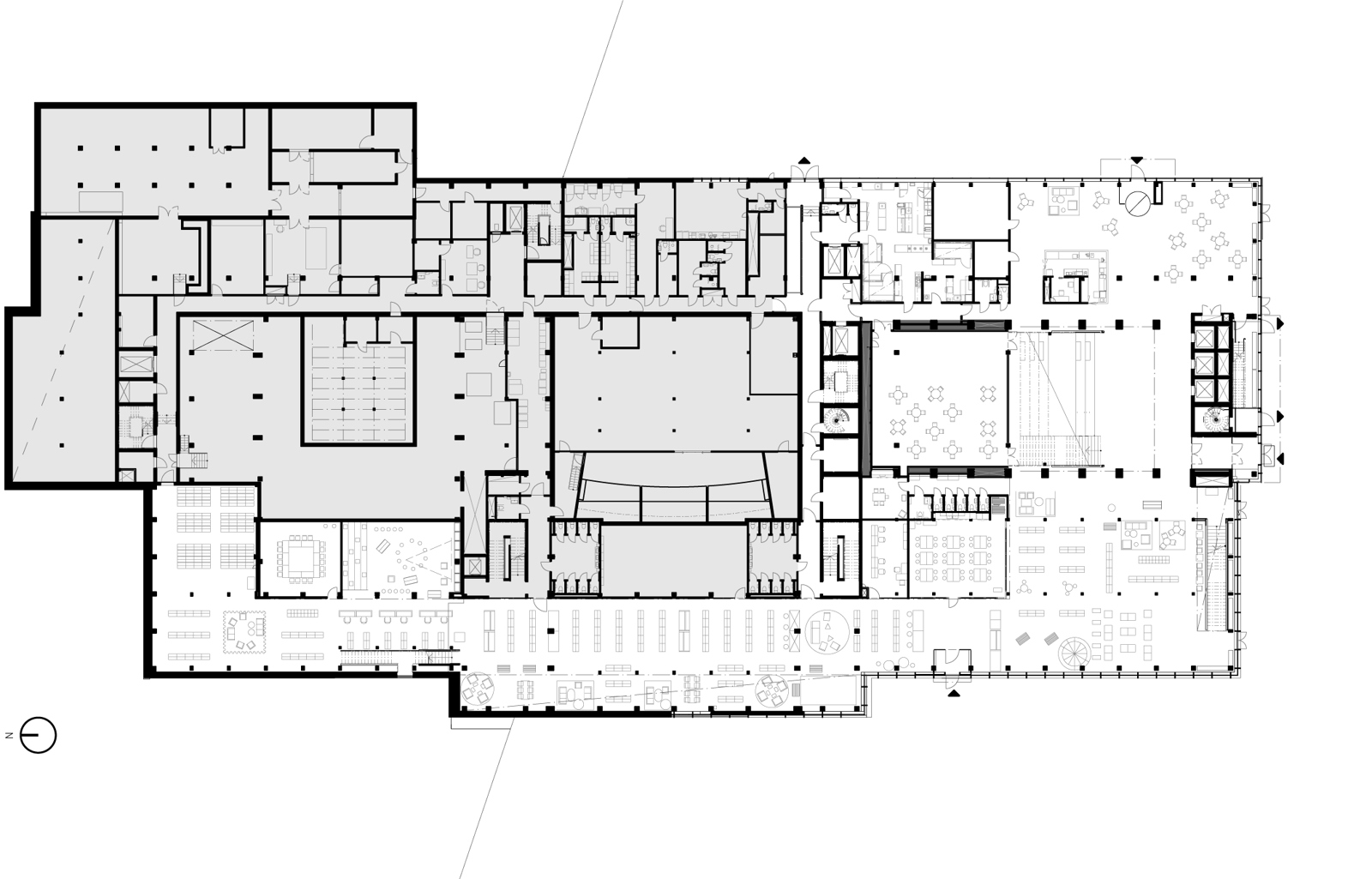 Plan av første etasje på kulturhus. Arkitekt tegning.