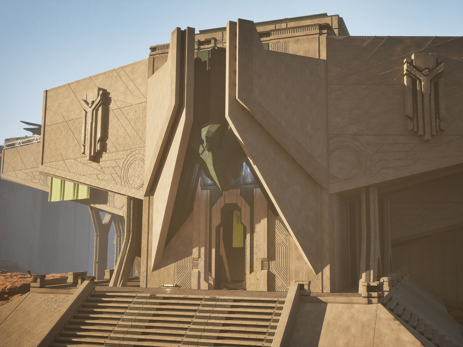Digital visualisering av futuristisk tempel med geometriske former og stor trapp til inngang. 