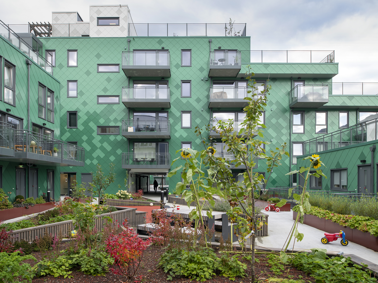 Bakgård med grønt i geometriske former, stier mellom, grønt bygg i bakgrunnen. Foto.