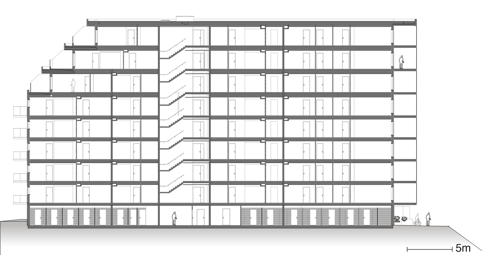 Snitt gjennom boligblokk, arkitekt tegning.