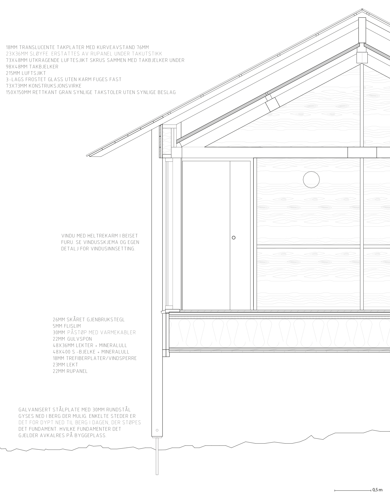 Detaljsnitt av enebolig. Arkitekt tegning. 