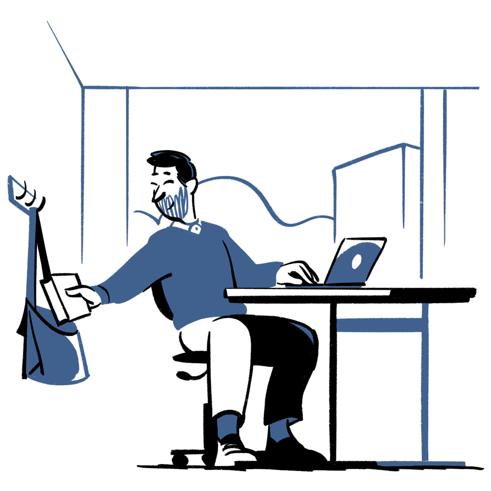Tegning av en mann som legger en bok i en veske.