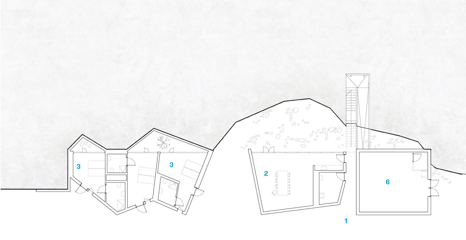 Plan av underetajse på hotell. Arkitekt tegning.