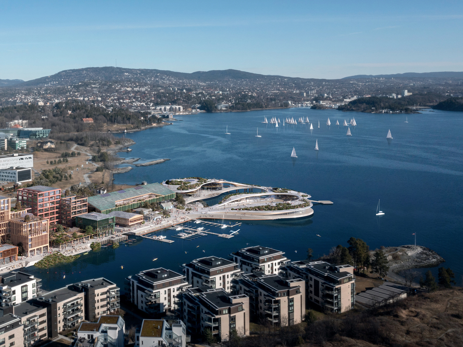 Illustrasjon av vannkantprosjektet Fornebu brygge, sett fra luften.