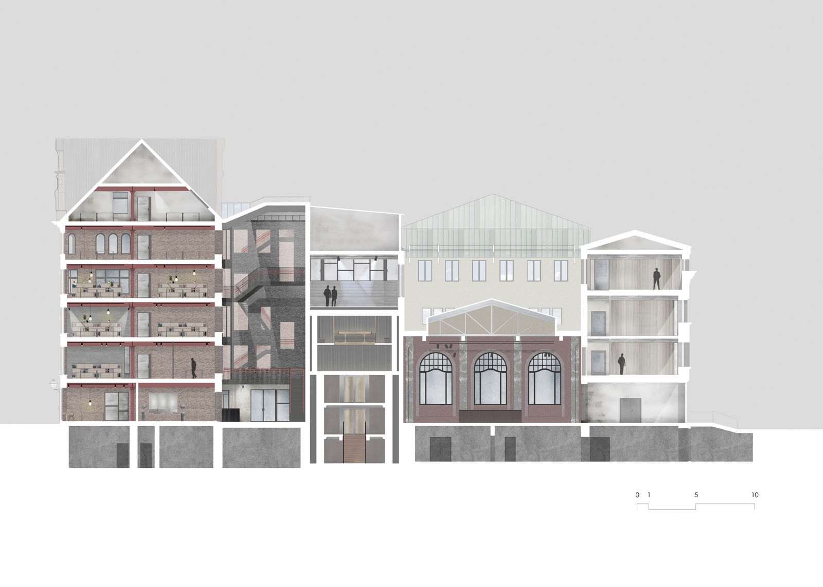 Snitt gjennom bygg. Arkitekt tegning.