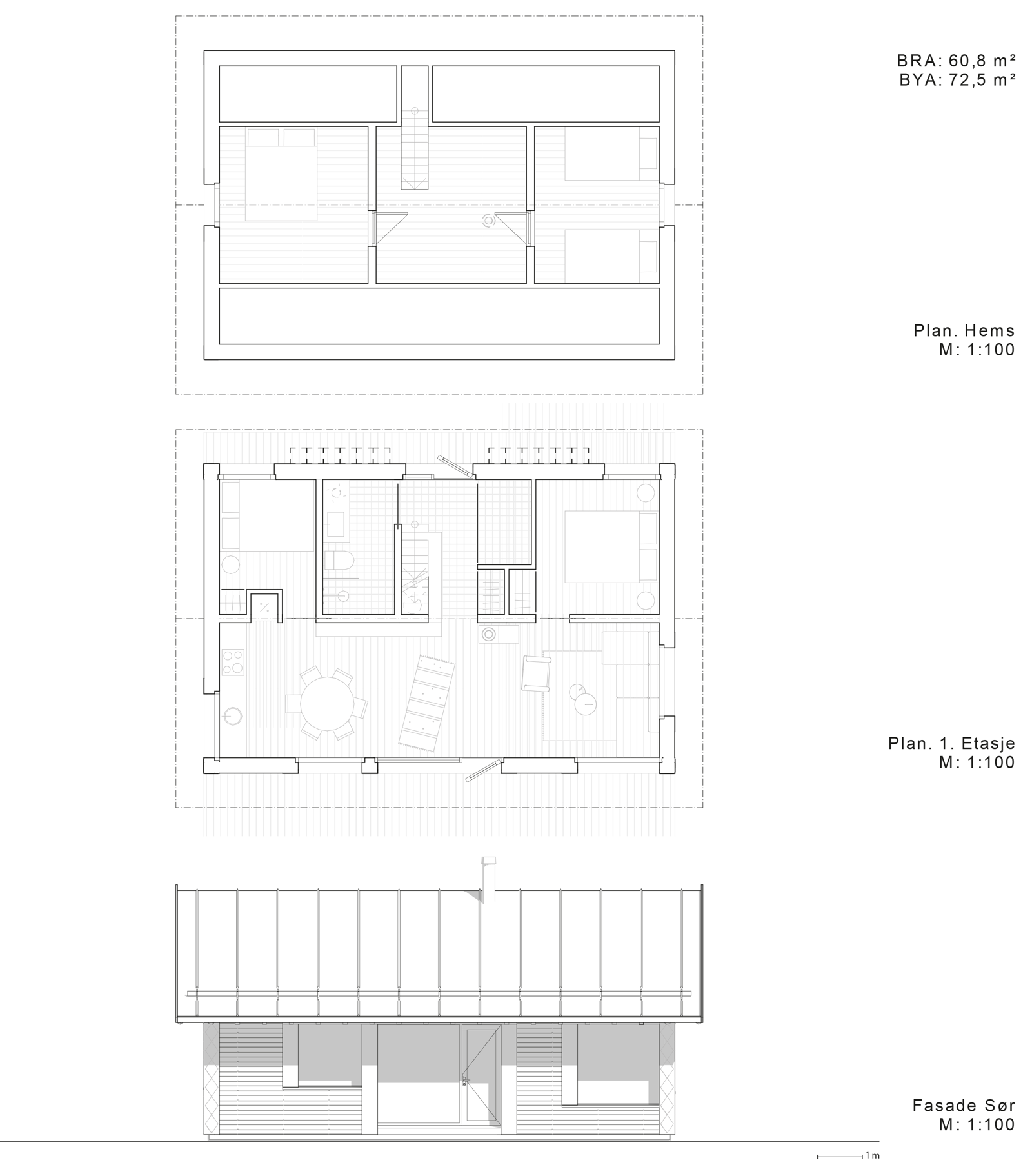 Plan tegning av første etasje og hems og fasade oppriss. Arkitekt tegning.