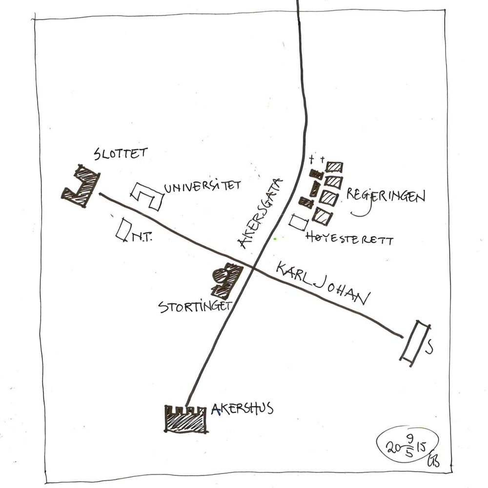 Håntegnet skisse over de historiske aksene rundt regjeringskvartalet